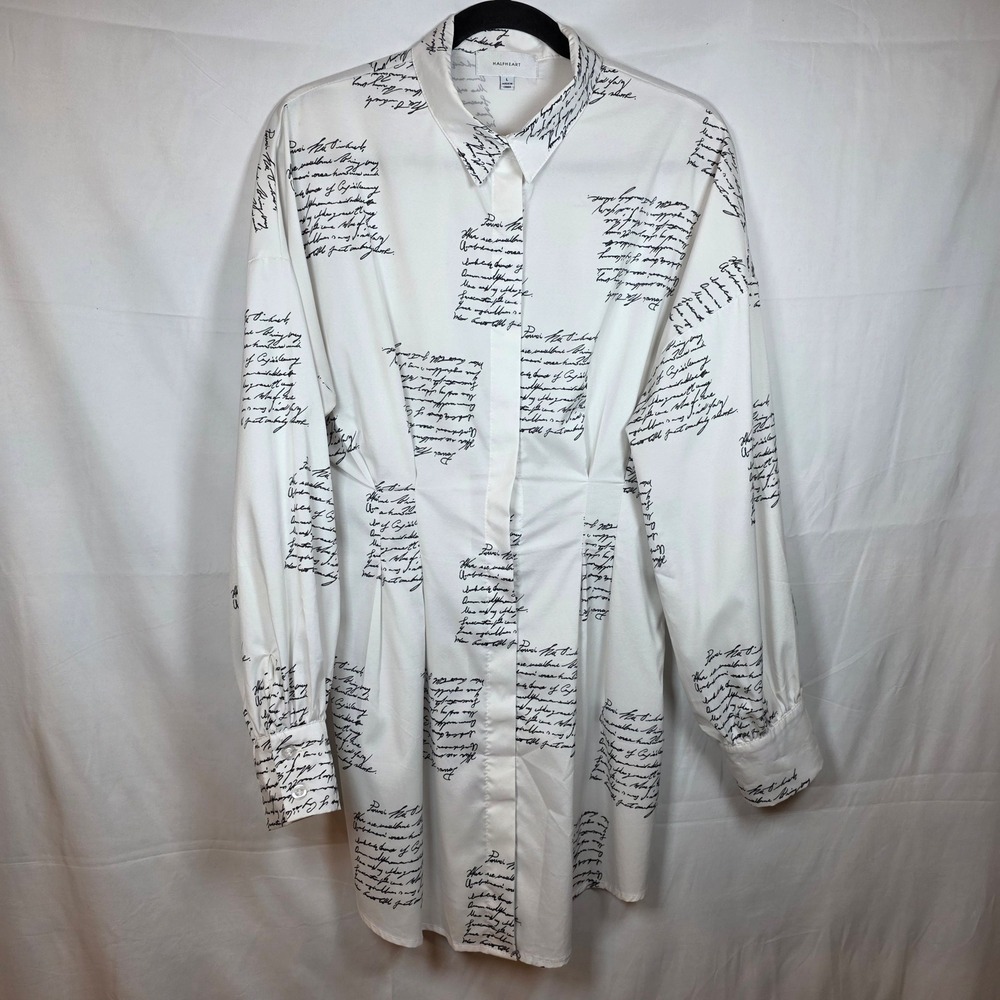 HALFHEART Script Print Button‎ Down Shirt Dress Large White Black SMX190861